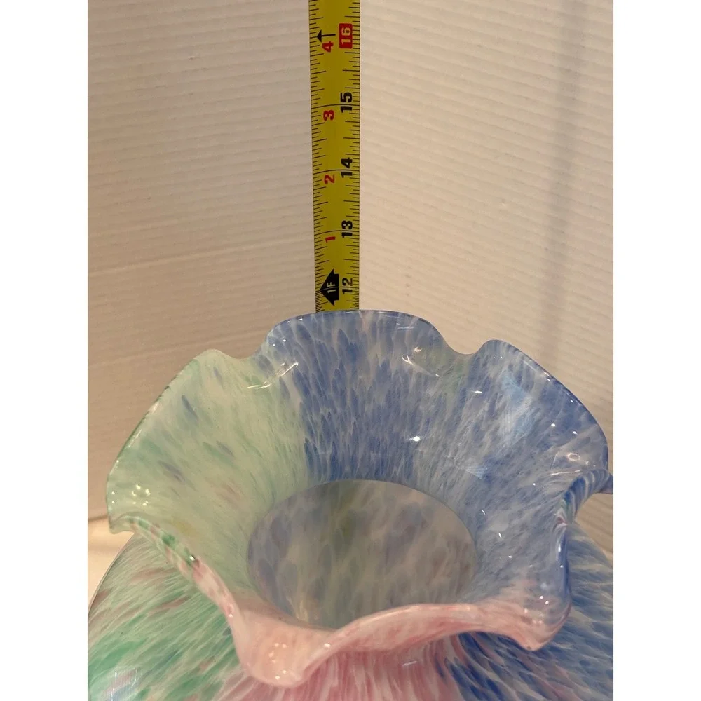 Arte Murano Glass Vase Ruffled Rim Confetti Blue Pink Green  11.75
